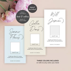 May include: Three scent sample cards with the text "Summer Flowers", "Golden Dunes", and "Wild Jasmine". Each card has a "smell me" section and the text "A delicate blend of creamy vanilla and sun-warmed jasmine". The cards are light blue, beige, and white.