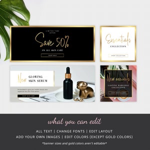 Pu&ograve; includere: Quattro modelli di banner per i social media per un marchio di cura della pelle. I banner presentano testo e accenti dorati, sfondi in bianco e nero e immagini di prodotti. Il testo sui banner include "Save 50%", "Essentials Collection", "New Glowing Skin Serum" e "New Arrivals Lasting Radiance Collection".