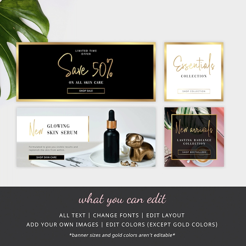 Pu&ograve; includere: Quattro modelli di banner per i social media per un marchio di cura della pelle. I banner presentano testo e accenti dorati, sfondi in bianco e nero e immagini di prodotti. Il testo sui banner include "Save 50%", "Essentials Collection", "New Glowing Skin Serum" e "New Arrivals Lasting Radiance Collection".