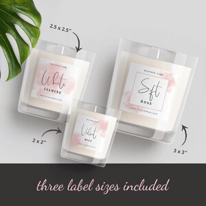 May include: Three candle labels with pink watercolor designs. The labels are for White Jasmine, Soft Rose, and Velvet Mist candles. The labels are available in three sizes: 2 x 2 inches, 2.5 x 2.5 inches, and 3 x 3 inches.