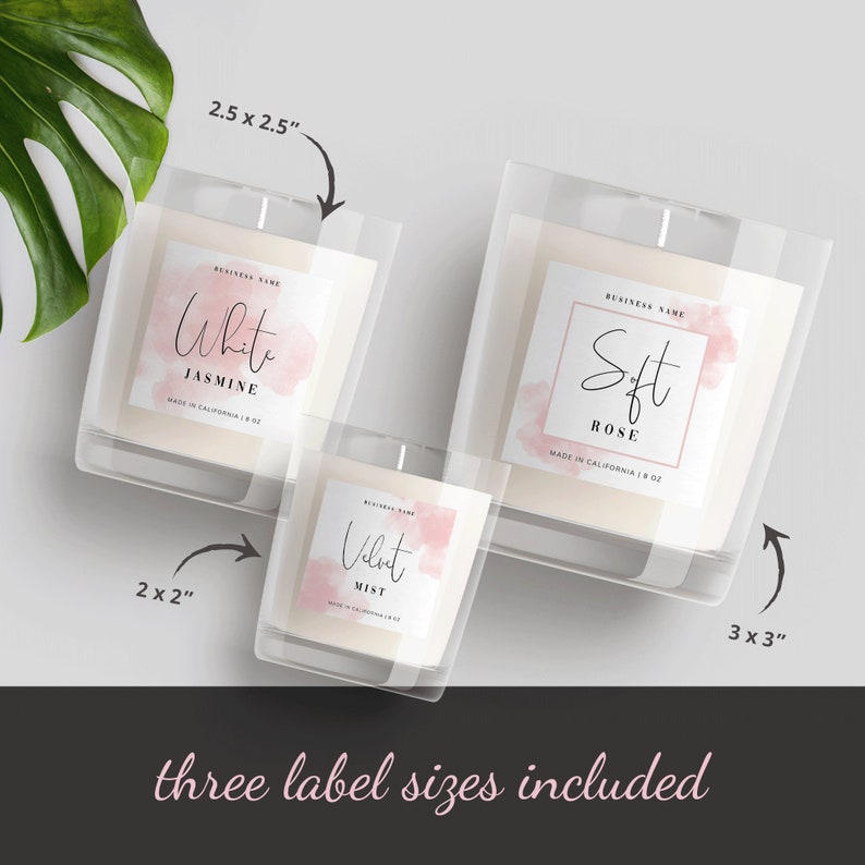 May include: Three candle labels with pink watercolor designs. The labels are for White Jasmine, Soft Rose, and Velvet Mist candles. The labels are available in three sizes: 2 x 2 inches, 2.5 x 2.5 inches, and 3 x 3 inches.