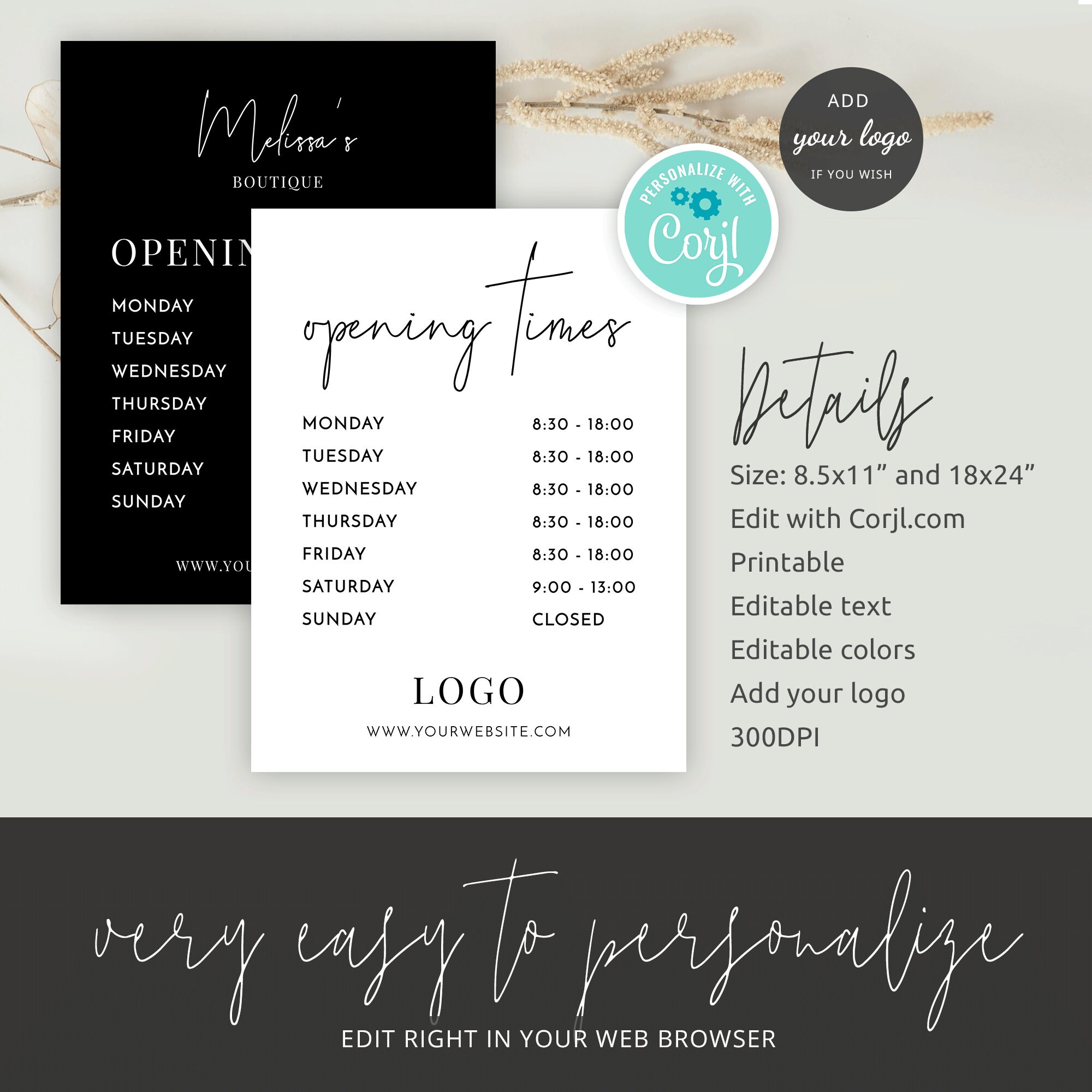Opening Hours Sign Template, Minimalist Shop Window Decal Printable ...