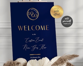 Business Event Welcome Sign Template: Navy & Gold Corporate Party Easel Foam Board Signage 18x24" 24x36"