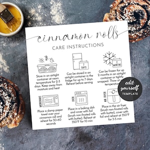 Sjabloon onderhoudsgids kaneelbroodjes, aangepaste kaneelbroodjes instructies voor opslag en opwarmen, minimalistisch ontwerp, onderhoudskaarten bakkerij, M-004