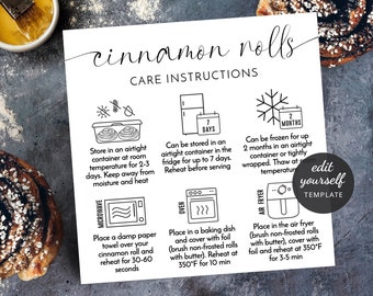 Peut inclure: Instructions de conservation pour des rouleaux à la cannelle imprimées en noir et blanc. Les instructions comprennent comment conserver, congeler, faire cuire au micro-ondes, cuire au four et frire à l'air les rouleaux. Le texte comprend les mots "Cinnamon Rolls" et "Care Instructions".