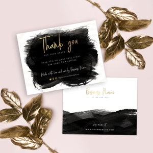 Plantilla de tarjeta de agradecimiento empresarial en negro y dorado, tarjetas de agradecimiento DIY, plantillas editables para insertar paquetes de agradecimiento, imprimibles, BW-001