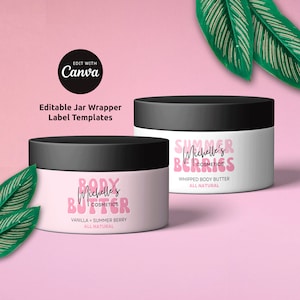 May include: Two white jars with black lids and pink and white labels. The labels have the text "Michelle's Cosmetics" and "Whipped Body Butter" on them. One jar has the text "Body Butter" and "Vanilla + Summer Berry" on the label. The other jar has the text "Summer Berries" on the label.