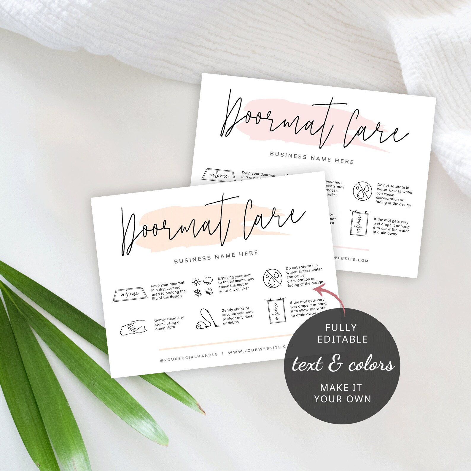 Doormat Flash Card.pdf Editable Doormat Care Card Template, Floor Mat Care Guide, Feminine ...