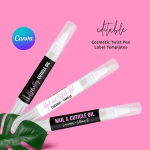 Puede incluir: Tres bolígrafos cosméticos para aceite de cutículas y uñas, con tubos transparentes y puntas blancas. Las etiquetas dicen "Hydrating Cuticle Oil Coconut 0.1 or 3ml", "Nail and Cuticle Oil Coconut + Vanilla" y "Nail & Cuticle Oil Lavender + Vitamin E". La palabra "editable" también es visible.