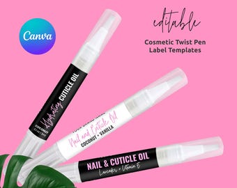 Plantilla de etiqueta de bolígrafo cosmético giratorio Canva, rosa y negro femenino, pegatinas de aceite para cutículas de 3 ml y 5 ml, etiqueta para envoltorio de tubo de brillo labial, acceso instantáneo