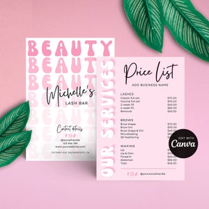 Plantilla de lista de precios para negocios en rosa femenino, menú de servicios de salón con fuente retro moderna, plantilla de Canva para guía de precios de spa de pestañas personalizada, PGR1