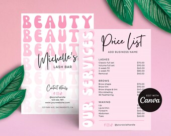 Mall för feminin rosa företagsprislista, trendig meny för salongstjänster i retrostil, anpassad prisguide för fransspa i Canva, PGR1