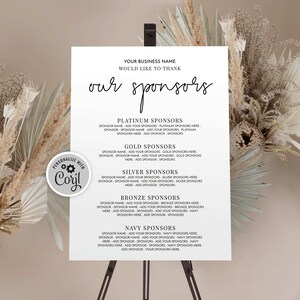 Modèle de plaque de sponsors de l'entreprise, affiche minimaliste de la liste des sponsors de collecte de fonds 18 x 24" & 24 x 36", signalisation d'événement professionnel, imprimable M-002