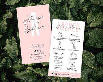 Tarjeta editable para el cuidado posterior de las pestañas, plantilla de tarjeta con instrucciones para el cuidado de las extensiones de pestañas, cuidado de las pestañas postizas, tarjeta de presentación rosa para salón de belleza, P01