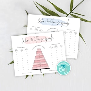 Editable Cake Portions Guide Template, Printable Tiered Cake Serving Size, Pink Watercolor Round & Square Cakes Size Diagram, Instant PW-001