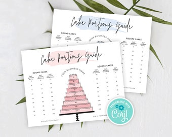 Editable Cake Portions Guide Template, Printable Tiered Cake Serving Size, Pink Watercolor Round & Square Cakes Size Diagram, Instant PW-001