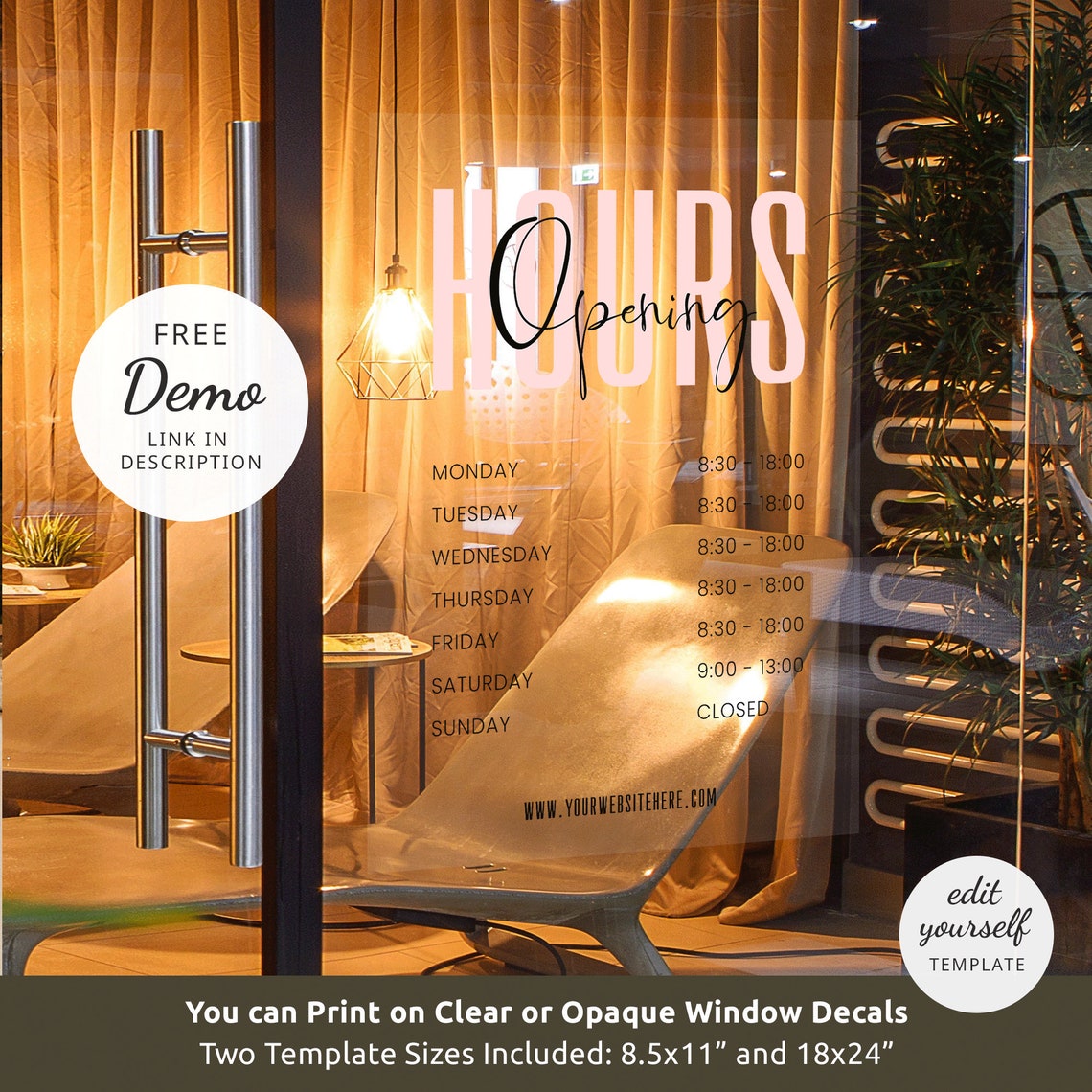 Opening Hours Window Cling Template, DIY Boutique Open Times Sign ...