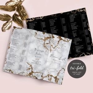 Modelo de lista de preços de salão de beleza com três dobras, cardápio de preços de serviços de beleza faça você mesmo em mármore e ouro, lista de preços de cartão de rack de salão de beleza com três dobras para impressão, MG02