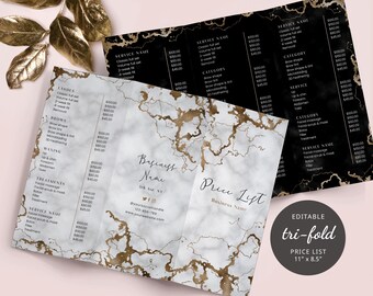 Tri-Fold Salon Price List Template, DIY Marble & Gold Beauty Services Pricing Menu, Printable Three Fold Salon Rack Card Pricelist, MG02