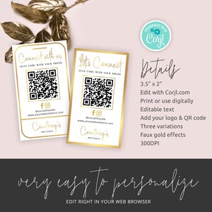 May include: Two editable business card templates with a gold border and a QR code. The text on the cards reads "Connect with us" and "Let's Connect". The cards are 3.5 inches by 2 inches and are designed to be printed or used digitally.