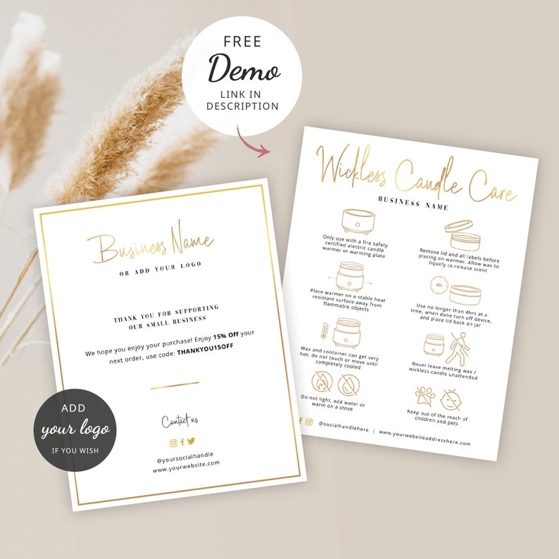 Editable Wickless Candle Care Card, Faux Gold Effect No Wick Melt Care Instructions Template, Printable No Flame Candle Safety Guide, GF-01 image 3