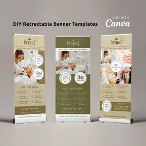 May include: Three retractable banner templates with a beauty and skincare theme. Each banner features images of spa services, the brand logo, and contact information. The banners are in shades of beige and olive green.