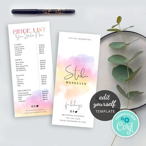 May include: A pink, yellow, and blue watercolor background with the text "Studio Monellin" in black script. The text "5th Ave, Manhattan" is in black text at the top of the image. The text "for bookings" is in black text below the watercolor background. Social media icons for Instagram, Facebook, and Twitter are below the text "for bookings". The text "@yoursocialhandle" and "www.yourwebsite.com" are below the social media icons. The text "edit yourself template" is in white text on a black circle. The text "personalize with Coryl" is in white text on a teal circle.