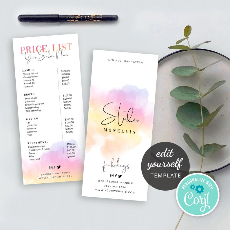 May include: A pink, yellow, and blue watercolor background with the text "Studio Monellin" in black script. The text "5th Ave, Manhattan" is in black text at the top of the image. The text "for bookings" is in black text below the watercolor background. Social media icons for Instagram, Facebook, and Twitter are below the text "for bookings". The text "@yoursocialhandle" and "www.yourwebsite.com" are below the social media icons. The text "edit yourself template" is in white text on a black circle. The text "personalize with Coryl" is in white text on a teal circle.