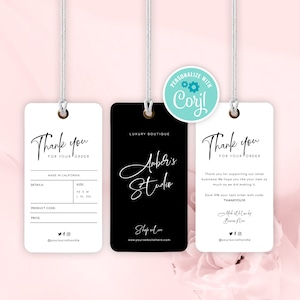 May include: Two black and white thank you tags with a white background and black text. The tag on the left has the text "Thank you for your order" and "Made in California". The tag on the right has the text "Thank you for your order" and "Thank you for supporting our small business! We hope you like your item as much as we did making it. Save 15% your next order with code: THANKYOU18".