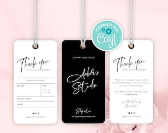 Modelo de etiqueta minimalista, etiqueta de roupa personalizável, etiqueta de balanço para impressão com tabela de tamanhos, etiqueta de preço de produto de agradecimento, M-003 instantâneo