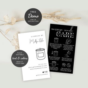 May include: Black and white printable card with instructions for using a massage candle. The card includes the text "Massage Candle Care" and "Enjoy Your Massage Candle".
