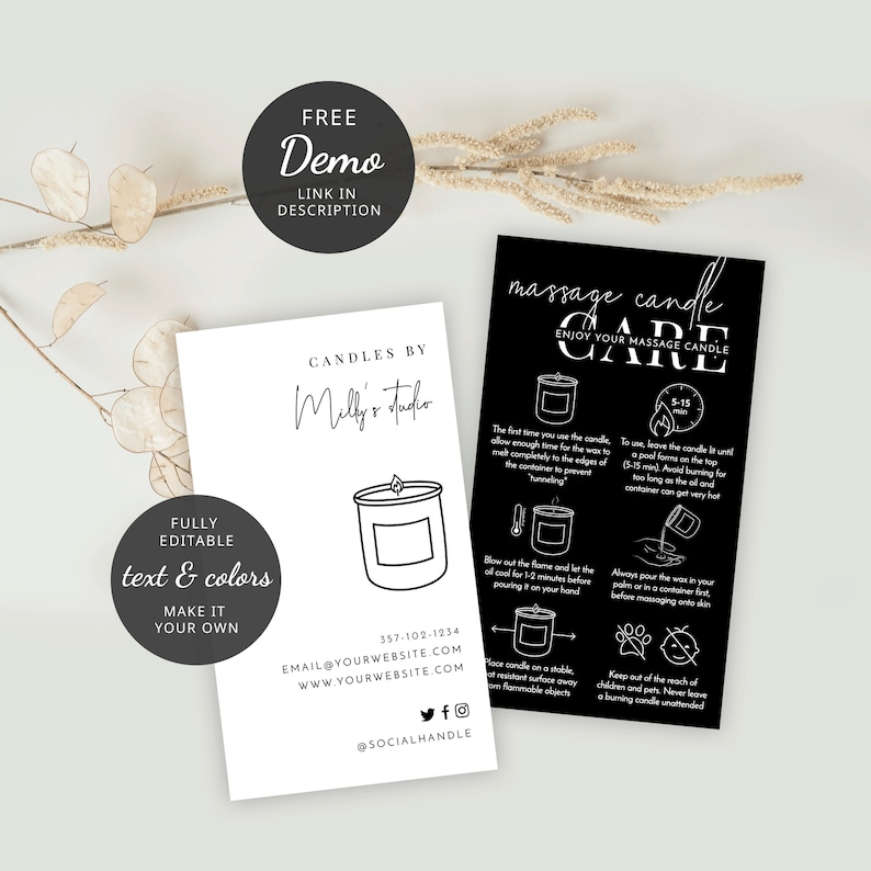 May include: Black and white printable card with instructions for using a massage candle. The card includes the text "Massage Candle Care" and "Enjoy Your Massage Candle".