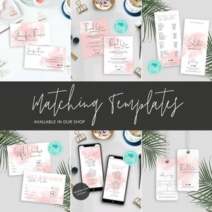 May include: A set of pink and white printable templates with a watercolor background. The templates include a gift voucher, a price list, a thank you card, a business card, and a social media post. The templates are designed for a wedding planner, a stylist, and a small business owner.