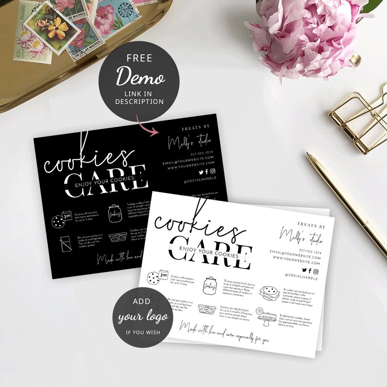 May include: Black and white printable cookie care card with instructions on how to store and enjoy cookies. The card features the text "Cookies Care" and "Enjoy Your Cookies".