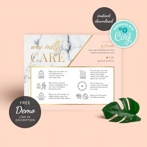 May include: A pink and white marble background with gold accents. The text "wax melts CARE" is in black and white. The text "FREE Demo LINK IN DESCRIPTION" is in black and white. The text "SCENT by Michelle EMAIL@YOURWEBSITE.COM www.YOURWEBSITE.COM @SOCIALHANDLE" is in black and white. The text "PERSONALIZE WITH Coril" is in black and white on a teal circle. There are several icons and instructions for using wax melts.