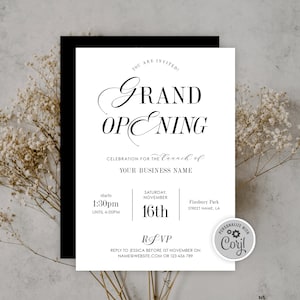 Elegante Grand Opening uitnodigingssjabloon, DIY bedrijf lanceringsfeestje uitnodiging 5 x 7, zakelijk evenement flyer nostalgisch schrift minimaal ontwerp, EN1