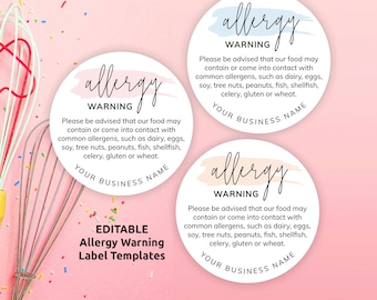 Allergy Warning Label Template, Feminine Food Allergens Sticker 1.5" 2" 3" Round, Printable Bakery Safety Labels, Watercolor Design, PW-001