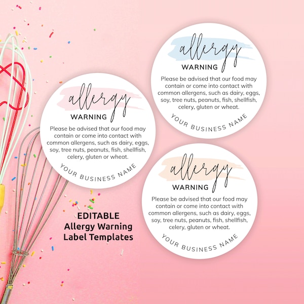 Allergy Warning Label Template, Feminine Food Allergens Sticker 1.5" 2" 3" Round, Printable Bakery Safety Labels, Watercolor Design, PW-001