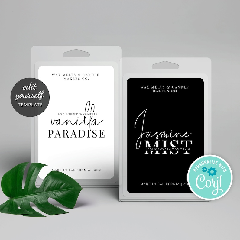May include: Two white square labels with black text for wax melts and candles. The label on the left says "Vanilla Paradise" and the label on the right says "Jasmine Mist". Both labels have the text "Wax Melts & Candle Makers Co." and "Made in California | 8 oz".