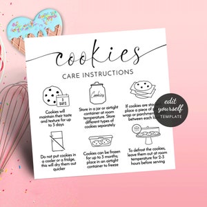 Plantilla personalizada para tarjetas de cuidado de galletas, guía minimalista de instrucciones para almacenar galletas de azúcar (6,35 x 6,35 cm), nota de atención al cliente para panadería, imprimible M-004