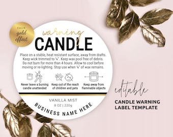 Candle Warning Template, Custom Candle Safety Sticker 1.5" 2" 3" Circle, Black & Gold Effect, Soy Wax Candle Do and Don'ts Jar Label, GL01