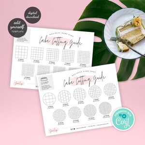 May include: Printable cake cutting guide with grids for square and round cakes. The guide includes different sizes and serving suggestions. The text says "Cake Cutting Guide" and "Personalize with Corjl".