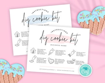DIY Cookie Kit Instructions Cards, Editable Cookies Decorating Care Guide Template, Feminine Watercolor Bakery Stationery, Printable PW-001