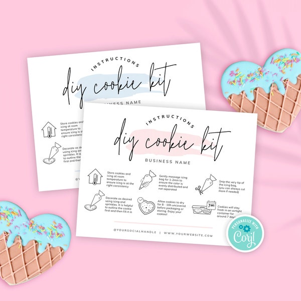 DIY Cookie Kit Instructions Cards, Editable Cookies Decorating Care Guide Template, Feminine Watercolor Bakery Stationery, Printable PW-001