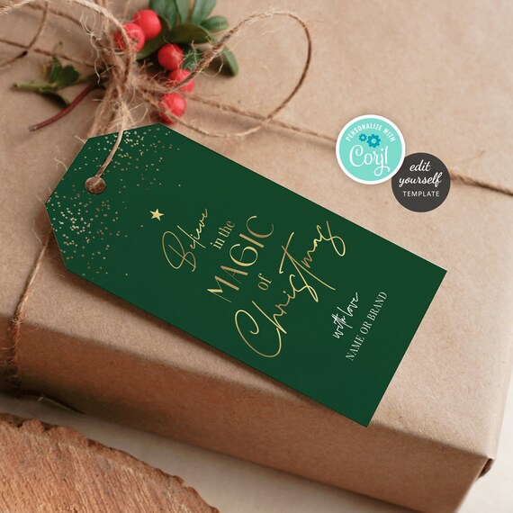 Printable Christmas Tags Greenery Garland with Gold Stars - Digital Art Star
