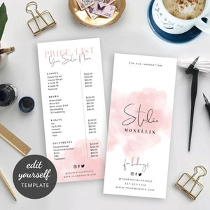 Feminine price guide template with thin script font and pink waterbrush background. The front of this menu includes space for your pricing and the back is for your business logo or name and contact details underneath