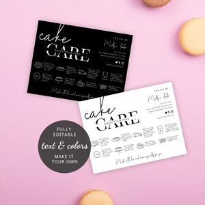May include: Black and white printable cake care card with instructions on how to store and enjoy your cake. The card includes the text "cake care" and "enjoy your cake".