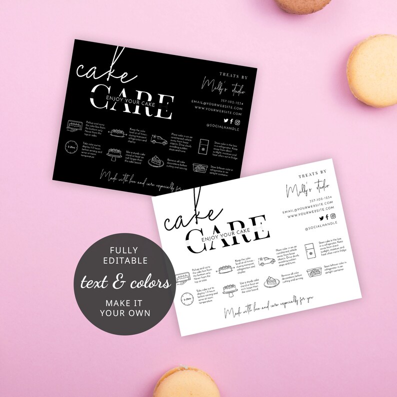May include: Black and white printable cake care card with instructions on how to store and enjoy your cake. The card includes the text "cake care" and "enjoy your cake".