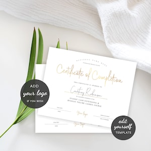 May include: A white certificate of completion with gold lettering. The certificate is for the successful completion of the Classic Lash Extensions & Russian Volume Lashes Course. The certificate is awarded to Courtney Robinson.