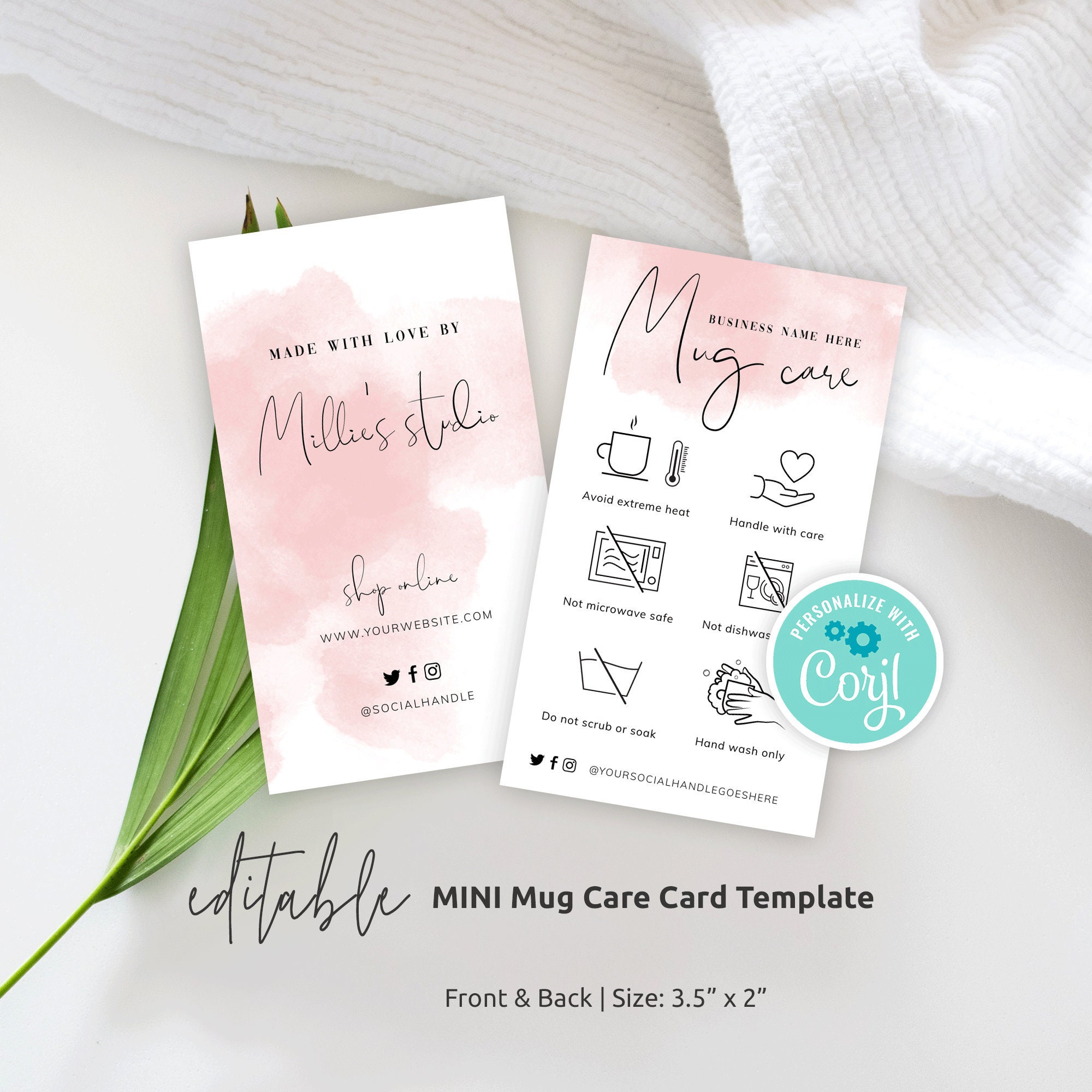 Feminine Mug Care Card Template, Editable Tea Mug Care Guide, Feminine Cup Care Instructions Cards, Printable Pink Watercolor Care Note WS01